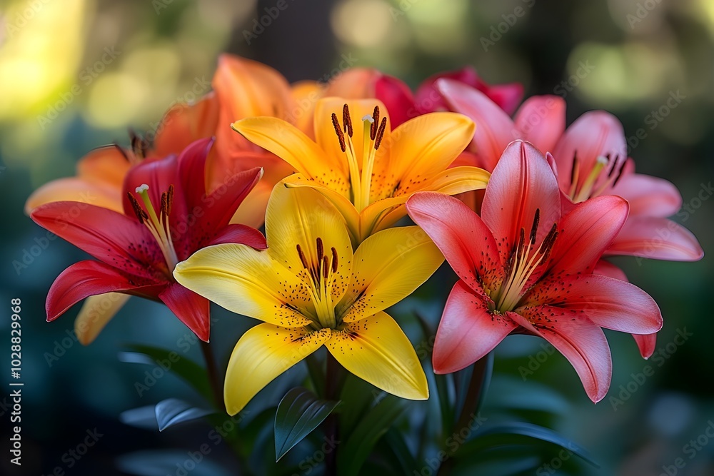 Fototapeta premium Lilies in the morning light: elegance and grace A peaceful depiction of colorful lilies blooming in the soft morning light, creating a serene atmosphere.