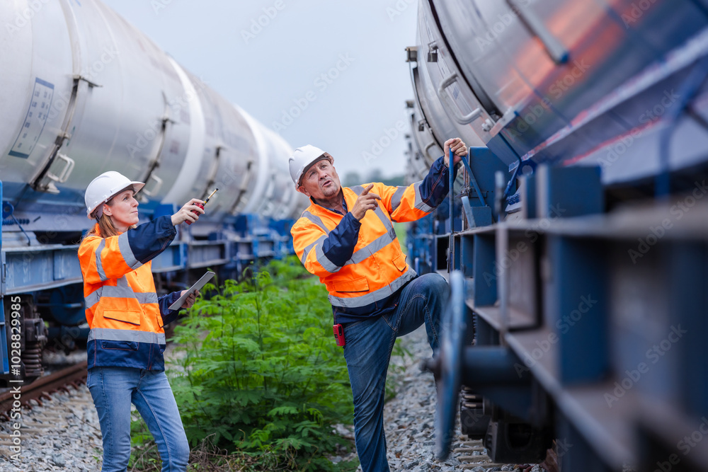 Engineers Inspecting Cargo Rail Tanker for Safety Compliance - Industrial Railway Operations, Safety Gear, Collaborative Effort, Technical Assessment, Freight Transportation Engineers Inspecting Cargo Rail Tanker for Safety Compliance - Industrial Railway Operations, Safety Gear, Collaborative Effort, Technical Assessment, Freight Transportation