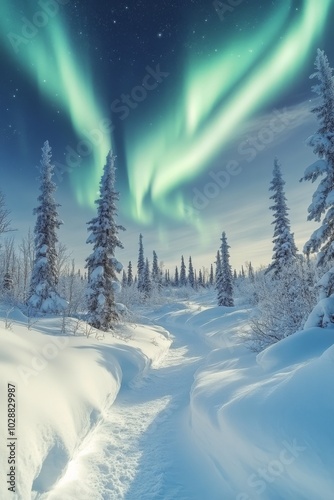 A winter path through snow covered trees under a vivid aurora borealis at night