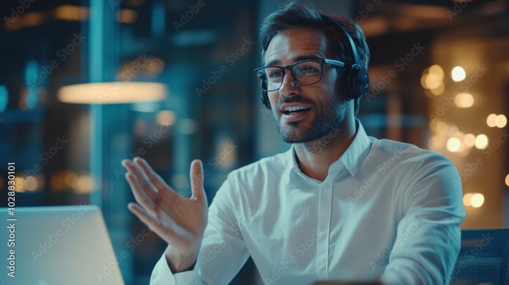 An experienced professional man in a sleek office environment, engaged in a video conference with a headset, his hands moving expressively to highlight his thoughtful contributions. An experienced professional man in a sleek office environment, engaged in a video conference with a headset, his hands moving expressively to highlight his thoughtful contributions.
