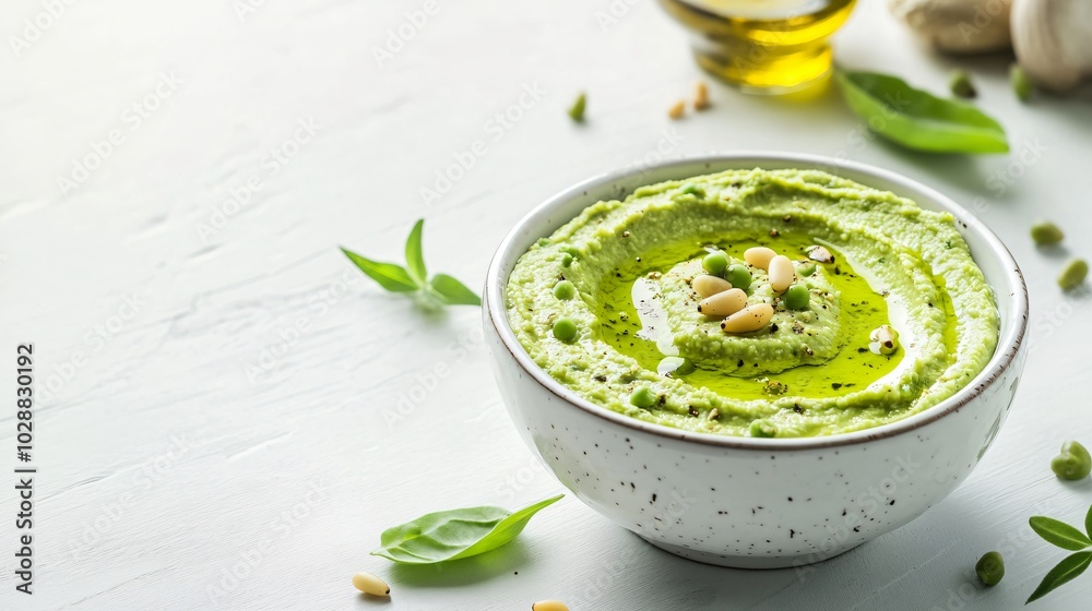 A minimalist bowl of green pea hummus garnished with olive oil and pine nuts, isolated on a clean white background with artistic accents A minimalist bowl of green pea hummus garnished with olive oil and pine nuts, isolated on a clean white background with artistic accents