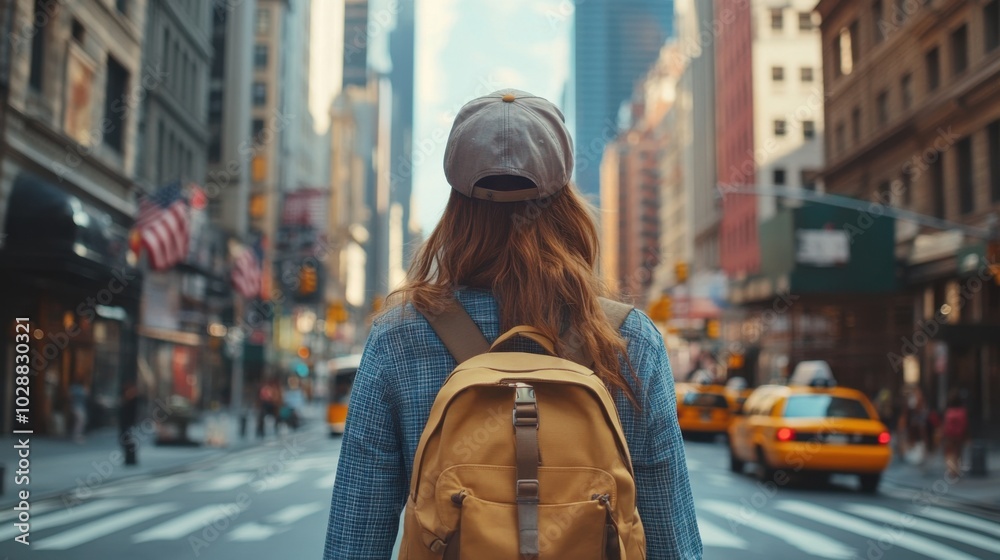 A young woman tourist with a backpack walking along the streets of New York City, USA, wearing a baseball cap, enjoying the iconic urban landscape. Travel and summer vacation concept. Rearview. A young woman tourist with a backpack walking along the streets of New York City, USA, wearing a baseball cap, enjoying the iconic urban landscape. Travel and summer vacation concept. Rearview.