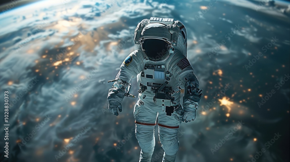 A space astronaut, in the environment of outer space. A space astronaut, in the environment of outer space.