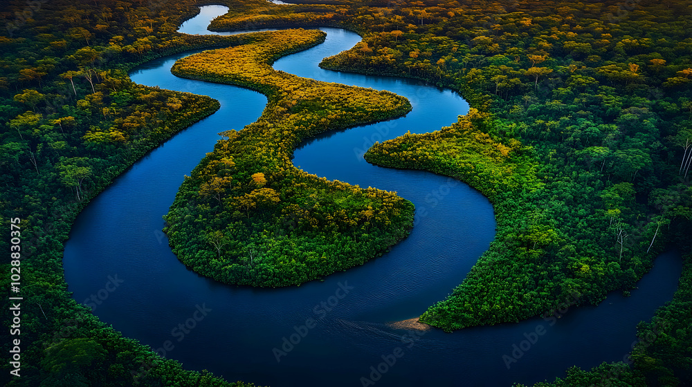 Aerial view of a winding river through lush green rainforest. Aerial view of a winding river through lush green rainforest.