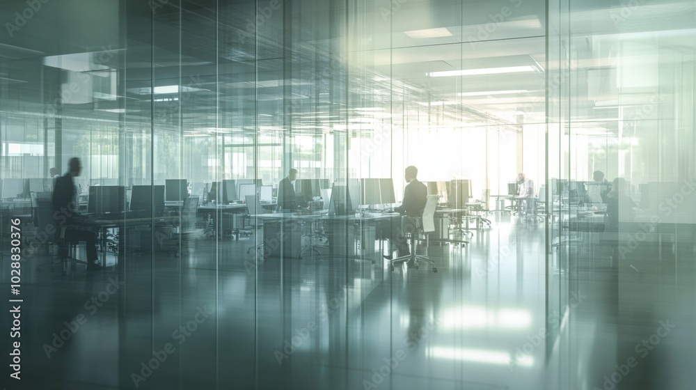 An ethereal glimpse into an office with a transparent glass partition, showcasing blurred individuals working on computers and participating in meetings, highlighting productivity. An ethereal glimpse into an office with a transparent glass partition, showcasing blurred individuals working on computers and participating in meetings, highlighting productivity.