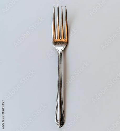 A shiny silver fork placed on a minimalist surface, highlighting its elegant ...