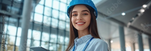 Young engineer wearing a blue hard hat smiles while holding a tablet in a mod...