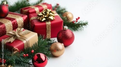 A traditional festive scene with red and gold gift boxes, adorned with shiny ornaments and evergreen branches, displayed on a crisp white background for a classic look.