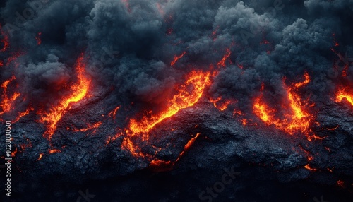 Dark smoke billows above a fiery red lava flow in an explosive volcanic eruption