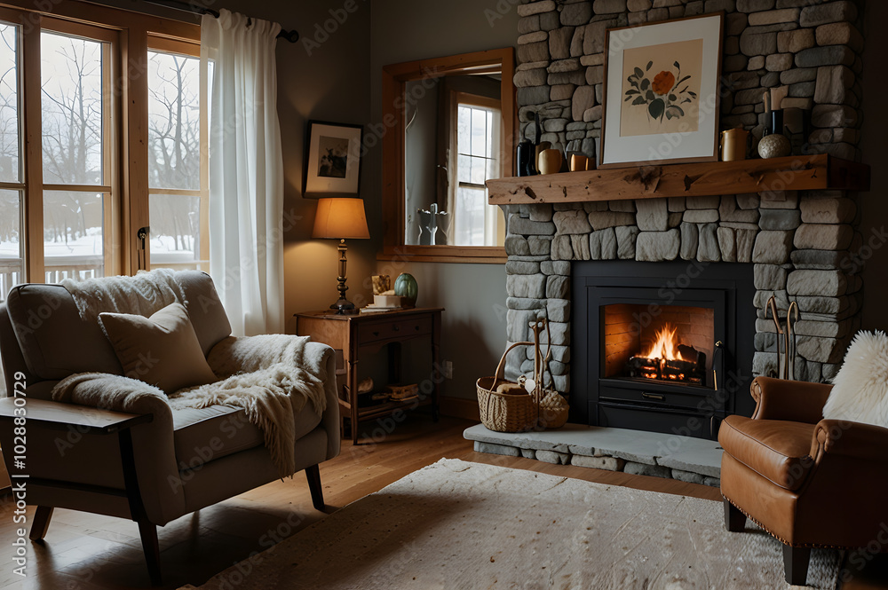 Fototapeta premium Cozy and stylish interior of the living room, fireplace, armchair, paintings on the wall.