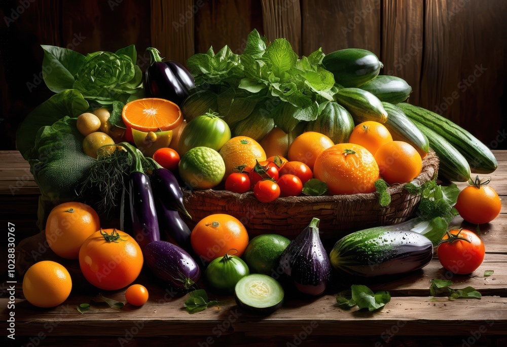 colorful fruit vegetable arrangement displayed rustic wooden table surface emphasizing natural textures bountiful harvest, organic, fresh, produce, vibrant colorful fruit vegetable arrangement displayed rustic wooden table surface emphasizing natural textures bountiful harvest, organic, fresh, produce, vibrant