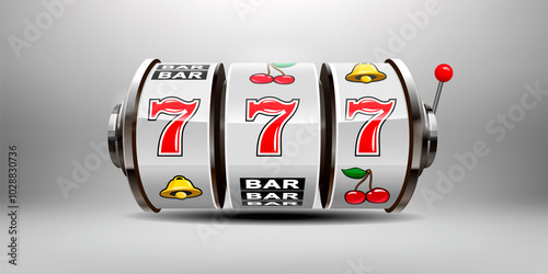 Realistic 3D model of slot machine with winning combination consisting of three sevens on the reel. Bonus jackpot. Big win. Free bonus game activated. Vector illustration for online casino with slots