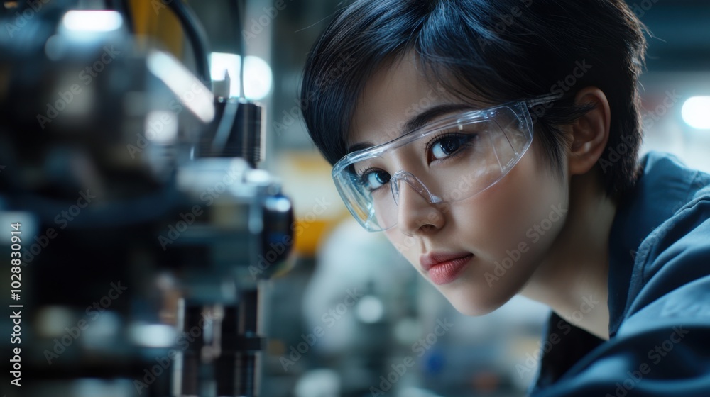 An East Asian female engineer with short black hair, inspecting a machine on an assembly line, wearing safety glasses.