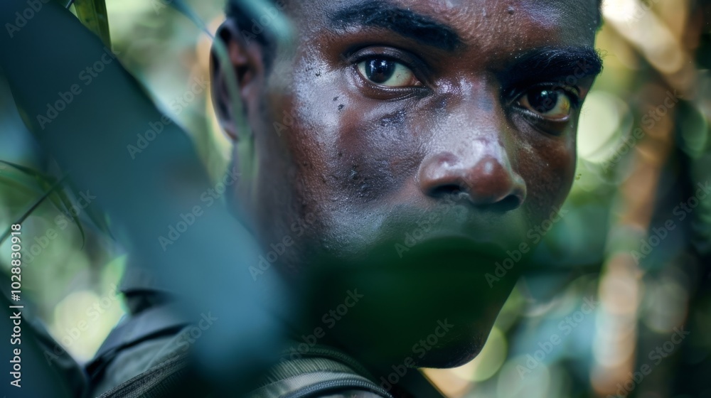 A man with sweat on his face is standing in a forest A man with sweat on his face is standing in a forest
