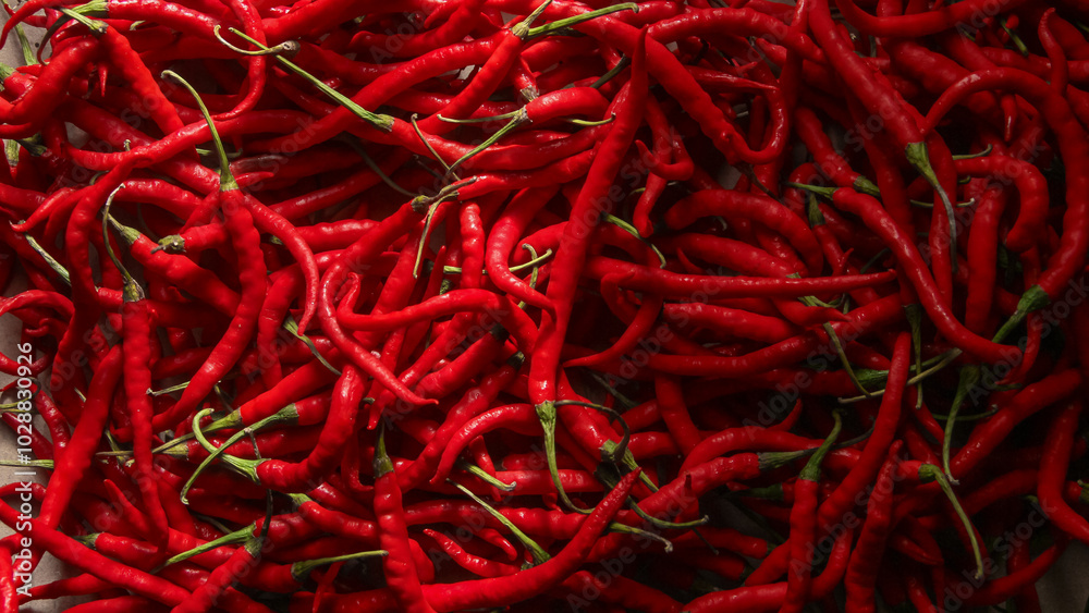 Fototapeta premium Red chili or Capsicum annum L. the shape and pattern of fresh red chilies that fill the screen, red chilies are a plant that is widely cultivated because of its high price