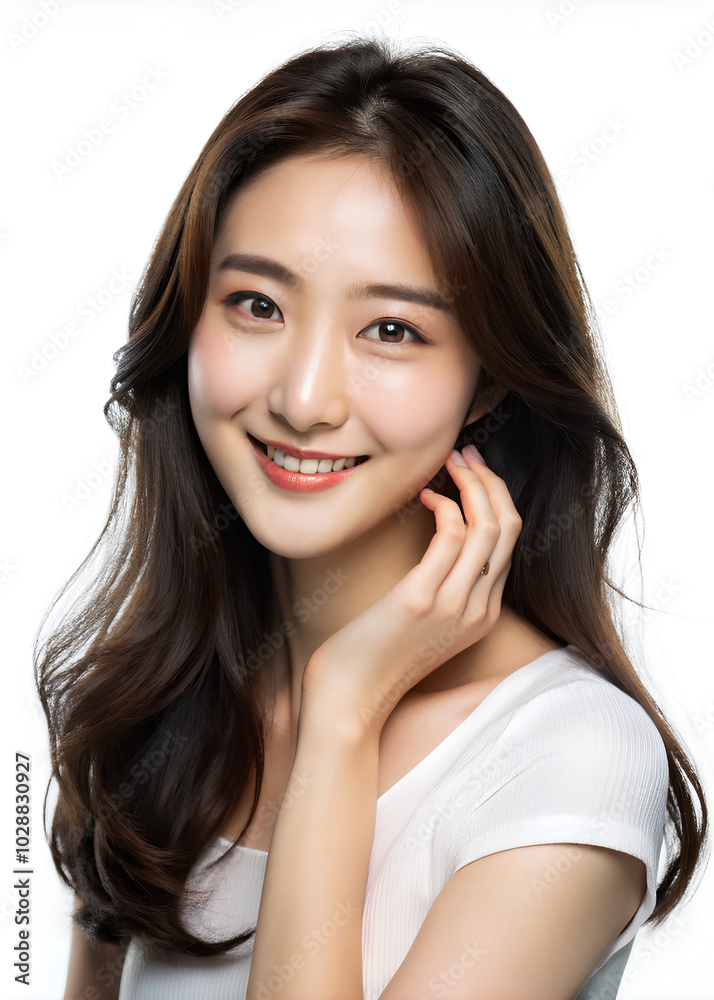 Young Asian beauty woman curly long hair with korean makeup style on face and perfect clean skin on isolated Young Asian beauty woman curly long hair with korean makeup style on face and perfect clean skin on isolated