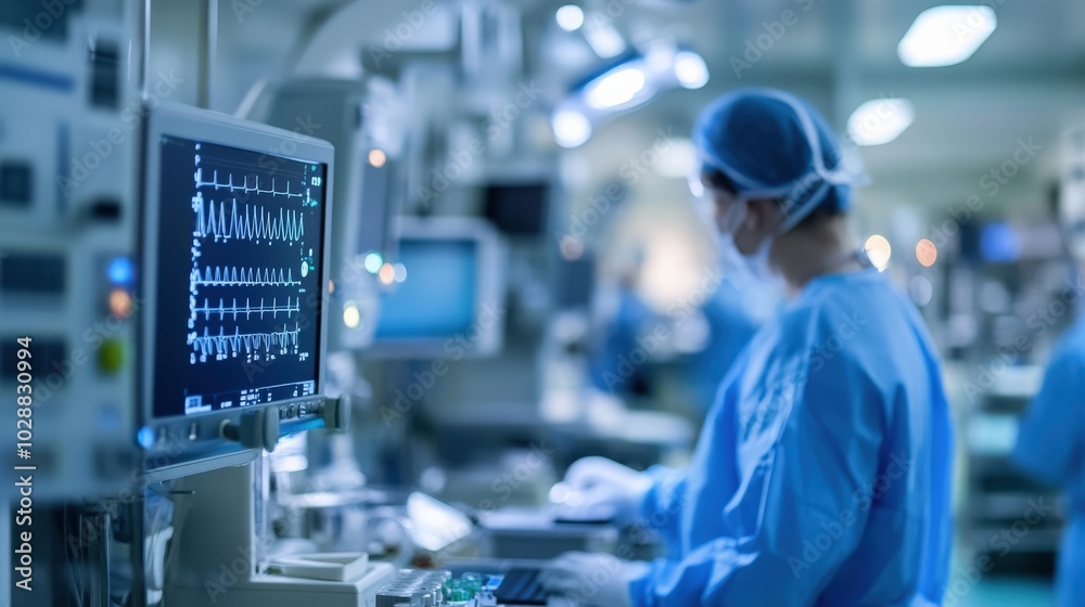 A doctor is working in a hospital room with a monitor displaying an EKG A doctor is working in a hospital room with a monitor displaying an EKG