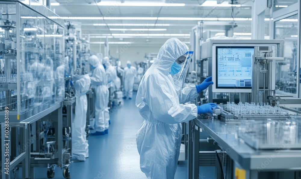 Factory worker in protective suit operates machinery. Factory worker in protective suit operates machinery.