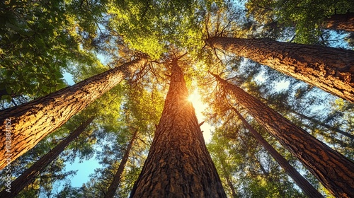 Sunlight Through Tall Trees in a Lush Forest