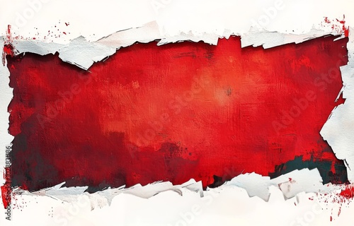 Abstract red artwork with a textured surface and torn paper effects on a whit...