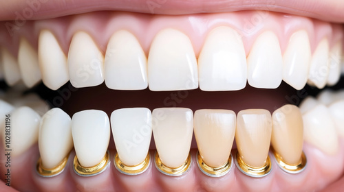 Close-up view of a human mouth showing two rows of teeth with dental implants and ceramic crowns attached to the lower teeth.