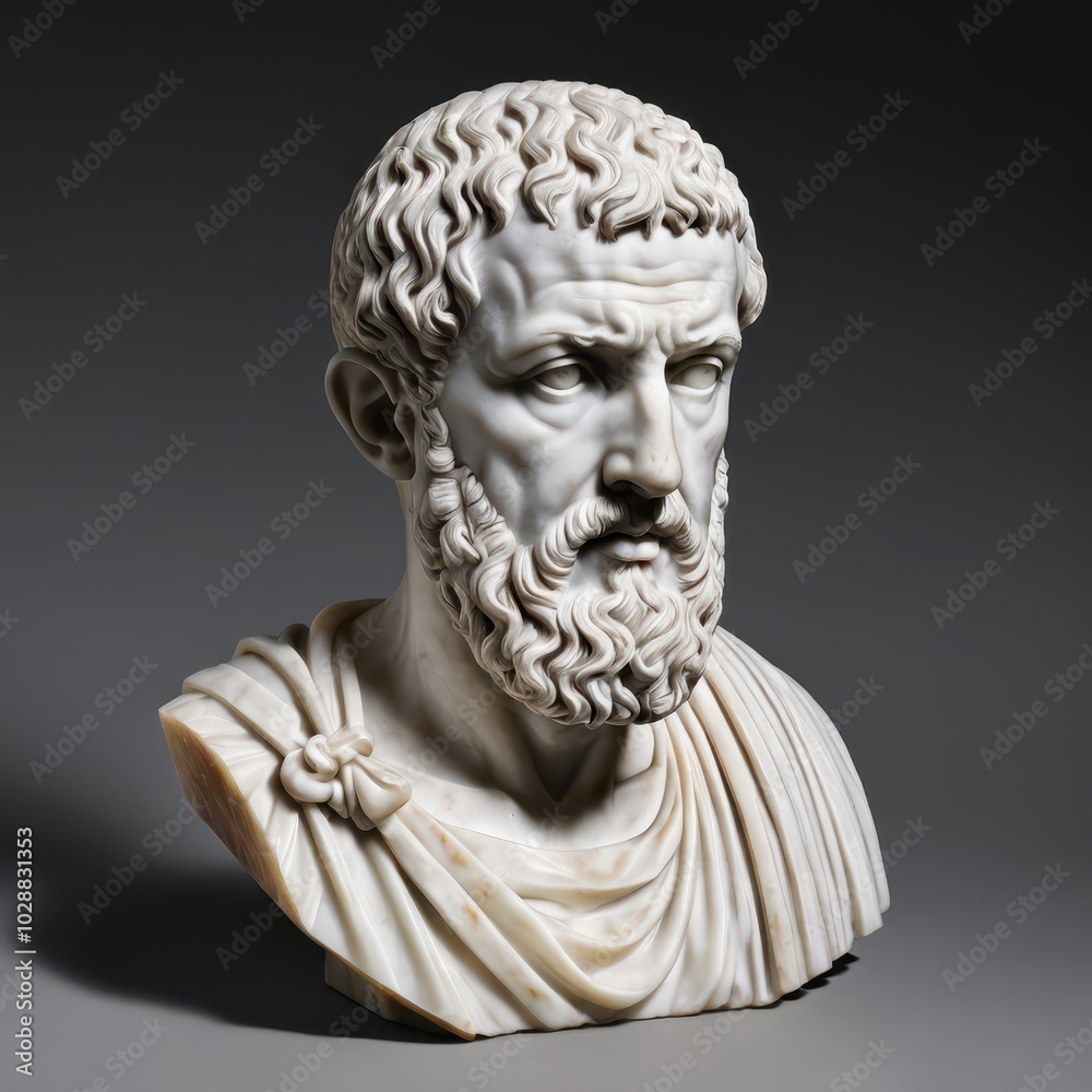 Marble bust of an ancient male philosopher with beard and curled hair. Stoicism Marble bust of an ancient male philosopher with beard and curled hair. Stoicism
