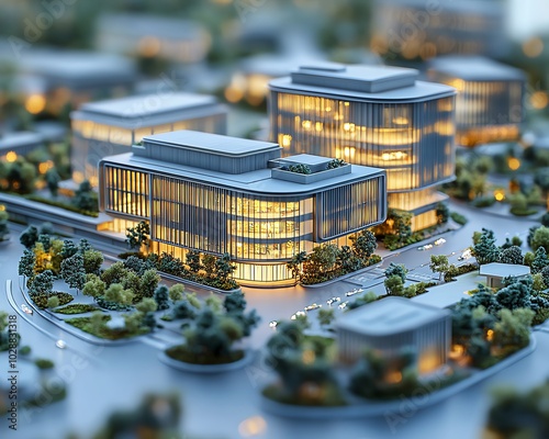 3D rendering of a modern business park development project, featuring an intricate architectural scale model of office buildings and surrounding areas photo