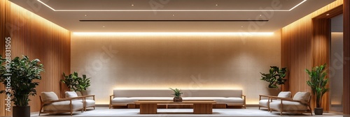 Elegant modern lobby with soft lighting and lush greenery in a contemporary b...