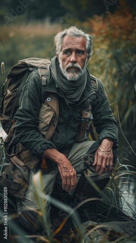 A man with a beard and gray hair is sitting on a rock near a body of water