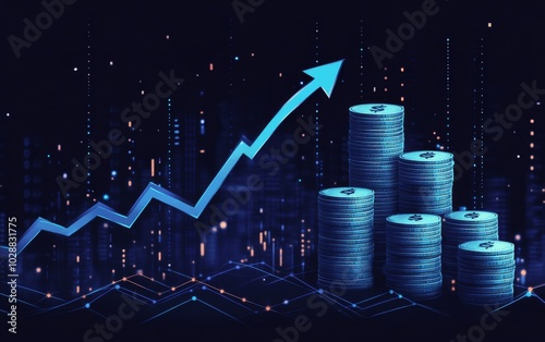 Growing finances shown by rising coins and an upward graph in a digital space