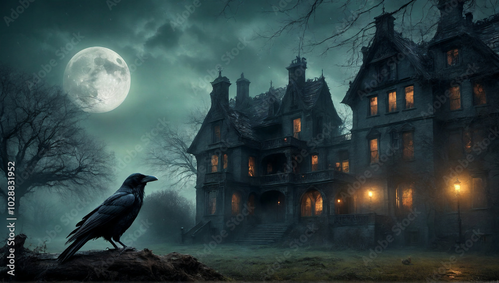 Fototapeta premium Raven at a Gothic Mansion at Midnight