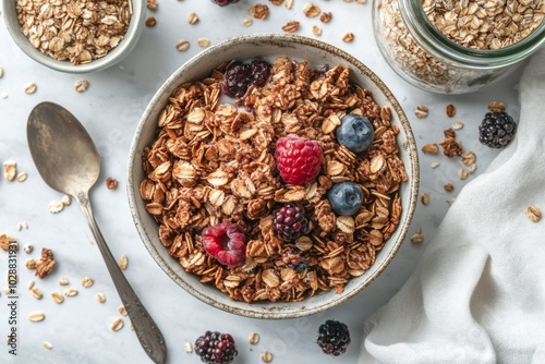 Healthy breakfast bowl with granola, fresh berries, and yogurt on a white bac...
