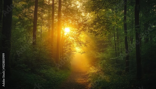 Serene sunrise in a lush forest path surrounded by vibrant greenery