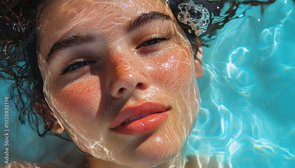 A radiant woman enjoys a joyful summer moment by the pool with dewy skin A radiant woman enjoys a joyful summer moment by the pool with dewy skin