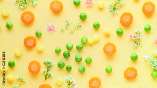 A vibrant green pea and carrot stir-fry, floating on a soft pastel yellow background with delicate floral designs