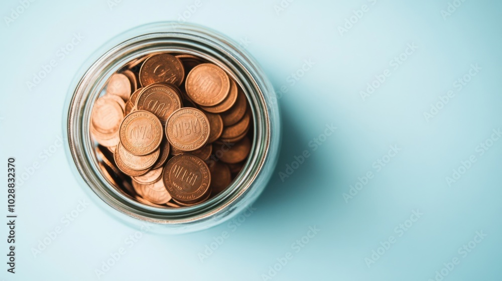 Bronze coins in a clear jar, on a pale blue background, representing small contributions that add up for future savings. Bronze coins in a clear jar, on a pale blue background, representing small contributions that add up for future savings.