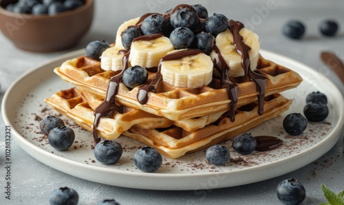 Deliciously crafted waffle topped with bananas, blueberries, and chocolate sa...