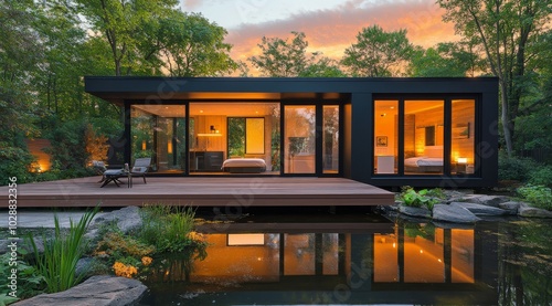 Modern waterfront house at dusk with large windows and serene surroundings