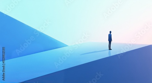 Silhouette of a person standing in a blue lit space with sharp light projecti...