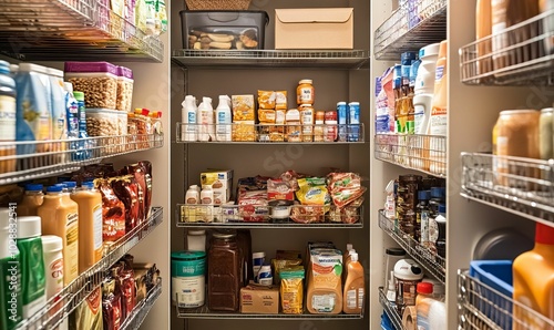 Organized pantry with various food items.