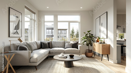 bright modern living room with clean lines, featuring spacious sofa, stylish decor, and natural light streaming through large windows. inviting atmosphere is perfect for relaxation