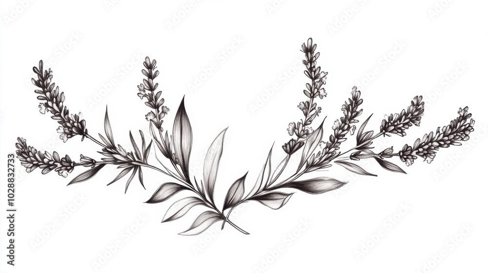 A tattoo design of lavender sprigs and leaves, detailed with fine lines in black and white sketch engraving, following a classic floral style. A tattoo design of lavender sprigs and leaves, detailed with fine lines in black and white sketch engraving, following a classic floral style.
