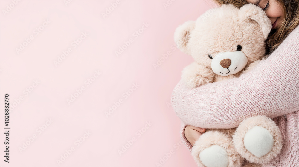 Photograph of a person hugging a teddy bear on a soft pastel pink background Photograph of a person hugging a teddy bear on a soft pastel pink background