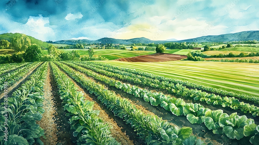 Vibrant landscape of vegetable fields with lush greenery and distant hills under a colorful sky, showcasing agricultural beauty. Vibrant landscape of vegetable fields with lush greenery and distant hills under a colorful sky, showcasing agricultural beauty.