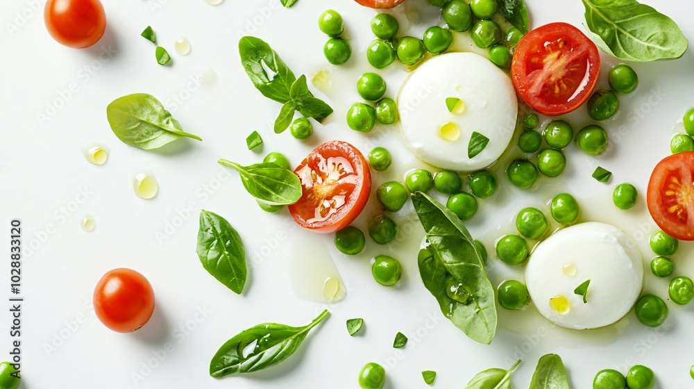 A vibrant salad of green peas, cherry tomatoes, and mozzarella, floating on a clean white background with delicate geometric accents A vibrant salad of green peas, cherry tomatoes, and mozzarella, floating on a clean white background with delicate geometric accents