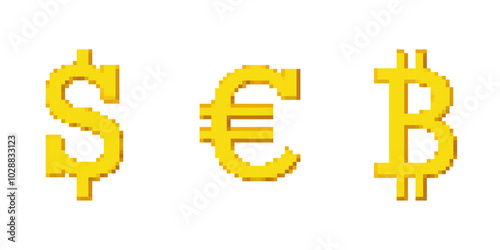 Pixel Art Coins of Dollar, Bitcoin, and Euro. Golden Retro Pixelated Currency Coins Icon Set. Isolated Vector Illustration