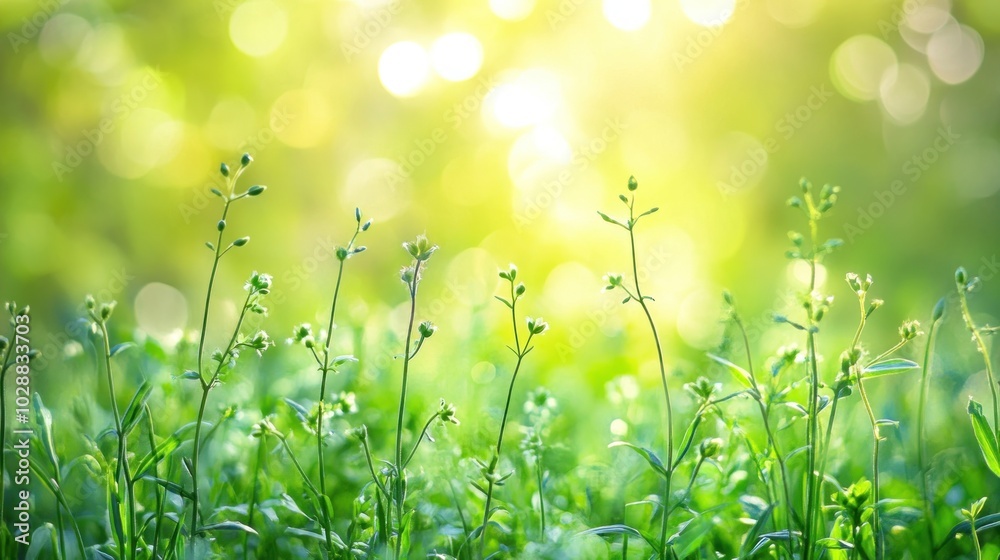 Sunlit Field of Bright Green Plants and Grass with Blurred Background Sunlit Field of Bright Green Plants and Grass with Blurred Background