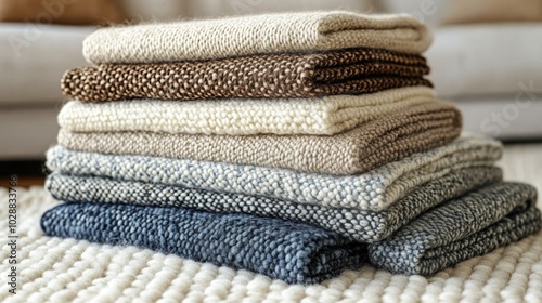 Stack of folded wool and knitted blankets in neutral and earthy tones. Cozy home decor with layered textures for warmth and comfort.