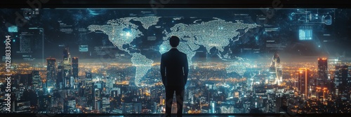 A person gazes at a glowing world map against a city skyline during twilight