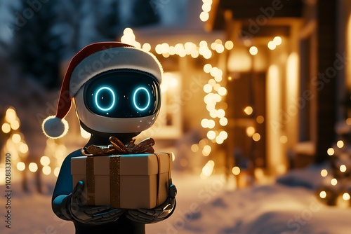 cute robot in santa hat delivering christmas present at night in snowy winter scene